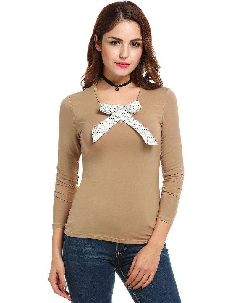 Khaki Women Casual Long Sleeve V Neck Patchwork Slim Pullover T Shirt