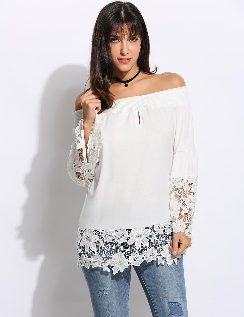 White Sexy Women Off Shoulder Slash Neck Flare Sleeve Lace Patchwork Blouse Tops