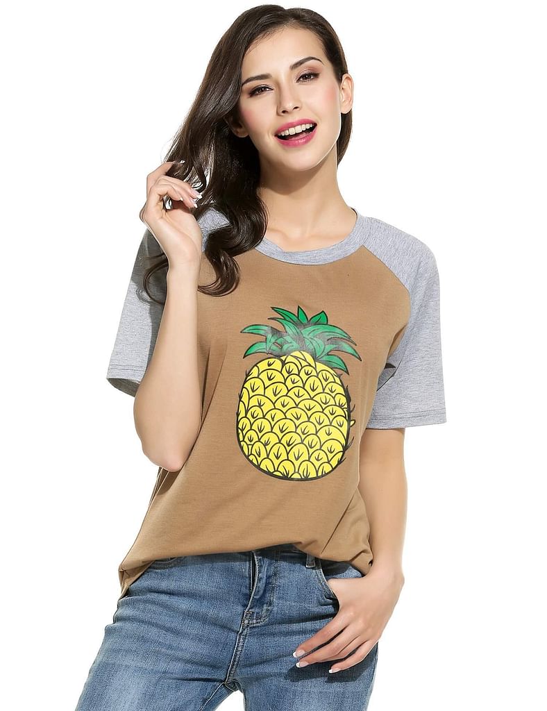 Khaki Women Casual Round Neck Raglan Short Sleeve Contrast Color Patchwork Pineapple Print T-Shirt Tees