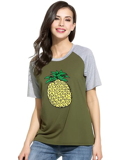 Army Green Women Casual Round Neck Raglan Short Sleeve Contrast Color Patchwork Pineapple Print T-Shirt Tees