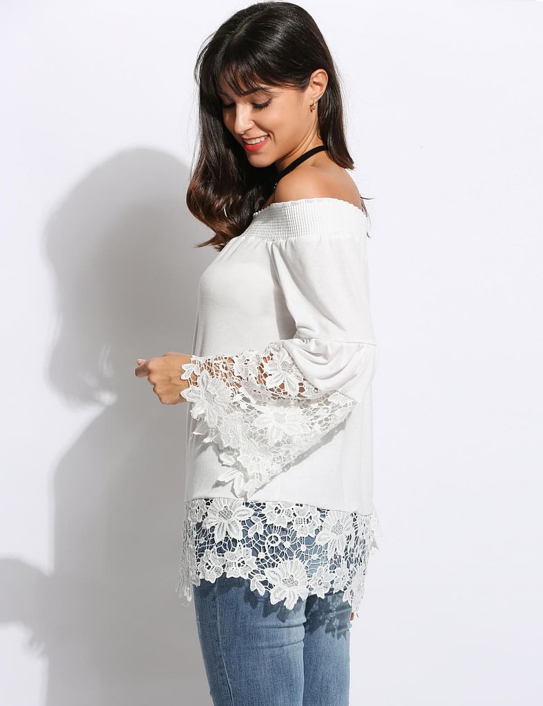 White Sexy Women Off Shoulder Slash Neck Flare Sleeve Lace Patchwork Blouse Tops