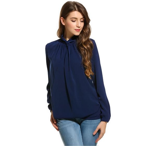 Navy Blue Women Knot Stand Collar Long Sleeve Solid Draped Loose Blouse Tops