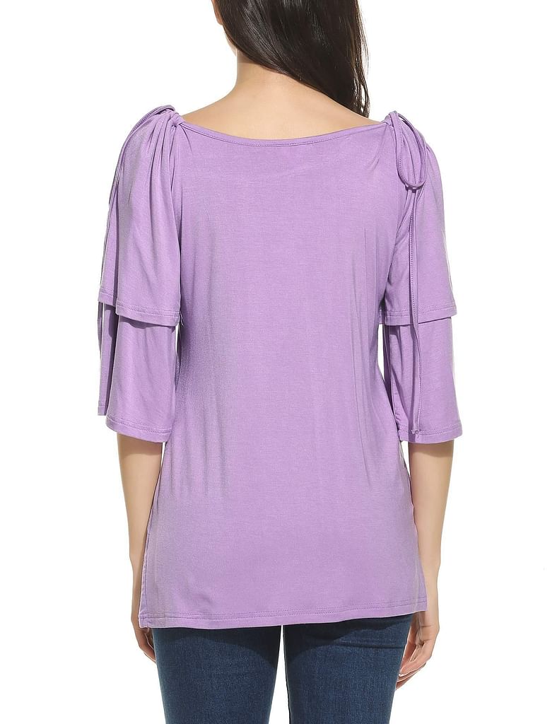 Light Purple New Women Casual O-Neck Half Ruffle Sleeve Off Shoulder Adjustable Lace-up Elastic T-Shirt Top