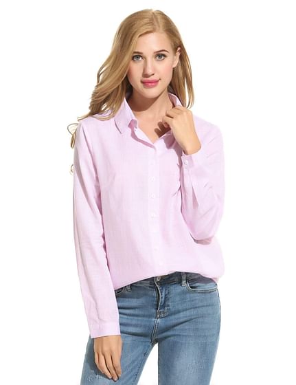 Pink Women Casual Striped Button Front Button Down Collar Shirt Blouse