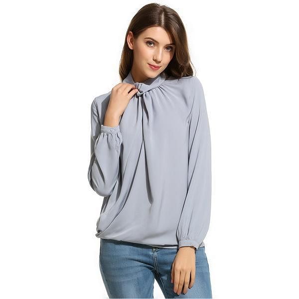 Black Women Knot Stand Collar Long Sleeve Solid Draped Loose Blouse Tops