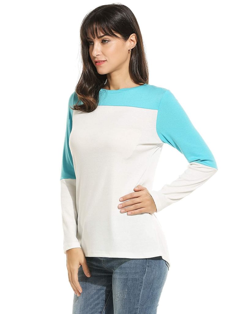 Blue New Women Casual O-Neck Long Sleeve Patchwork Elastic T-Shirt