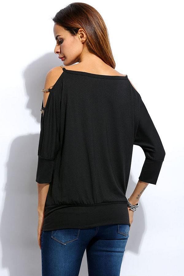 New Fashion Women Chain Decored One Shoulder Short Batwing Sleeve Blouse