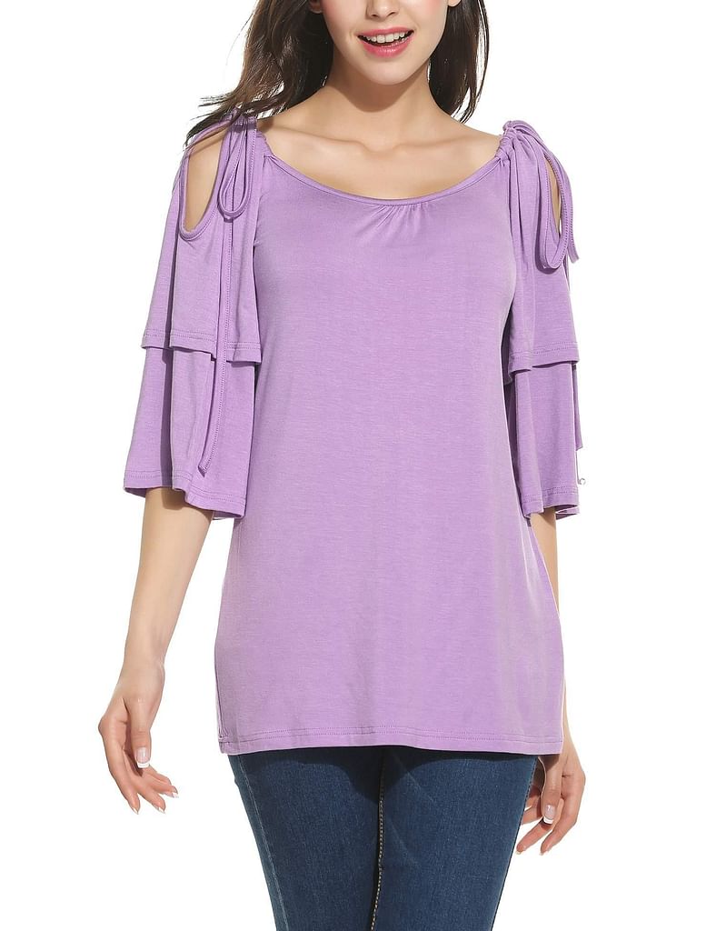 Light Purple New Women Casual O-Neck Half Ruffle Sleeve Off Shoulder Adjustable Lace-up Elastic T-Shirt Top