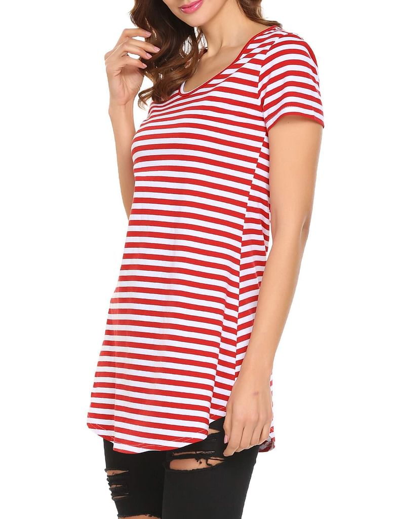 Red Women Casual Round Neck Short Sleeve Striped Tunic T-Shirt Top