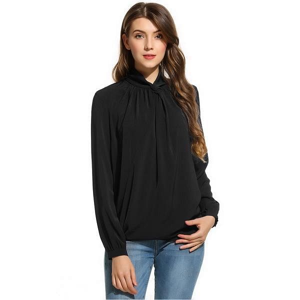 Navy Blue Women Knot Stand Collar Long Sleeve Solid Draped Loose Blouse Tops