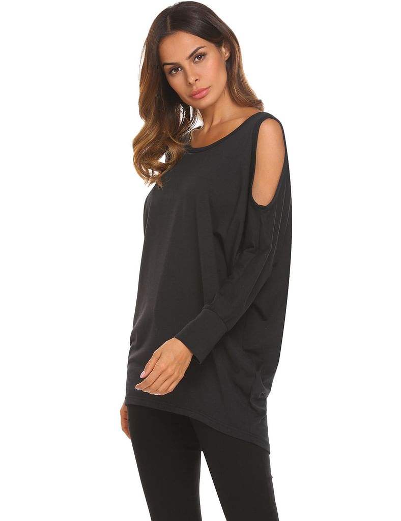 Black Women Loose O-Neck Bat Sleeve Cold Shoulder Irregular Hem T-Shirt Basic Tee