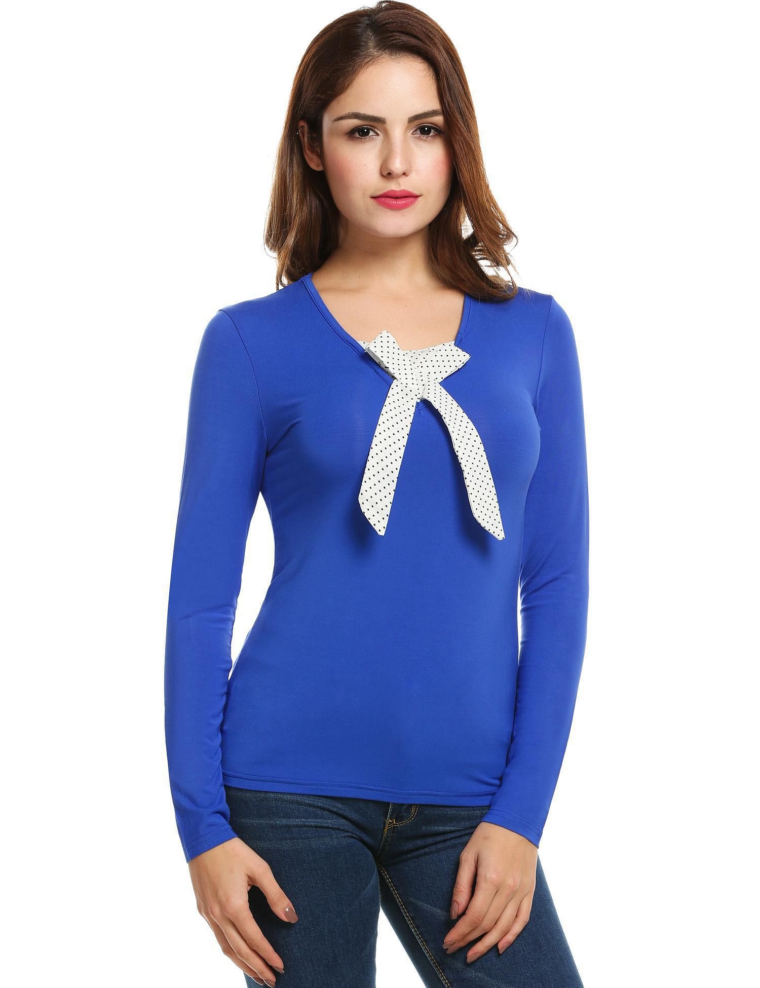 Blue Women Casual Long Sleeve V Neck Patchwork Slim Pullover T Shirt