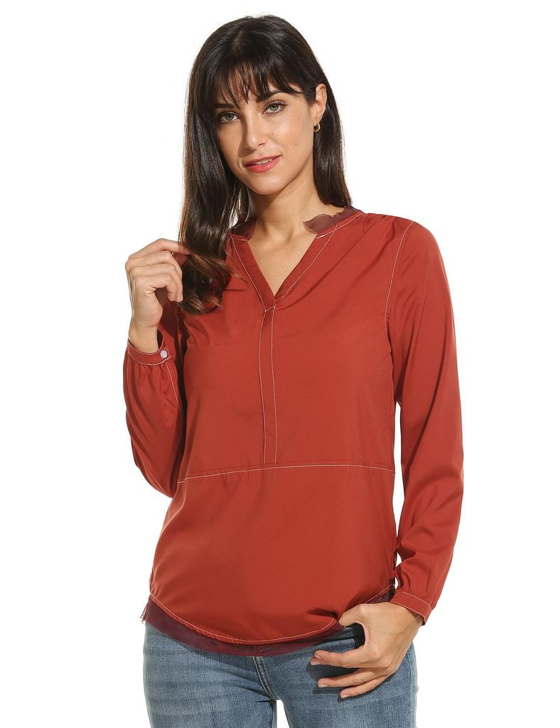 Red New Women Casual V-Neck Long Sleeve Solid Yarn Patchwork Blouse Top T-Shirt