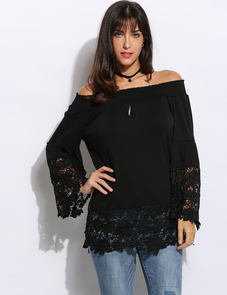 Black Sexy Women Off Shoulder Slash Neck Flare Sleeve Lace Patchwork Blouse Tops