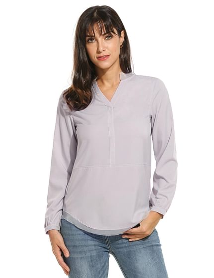Gray New Women Casual V-Neck Long Sleeve Solid Yarn Patchwork Blouse Top T-Shirt