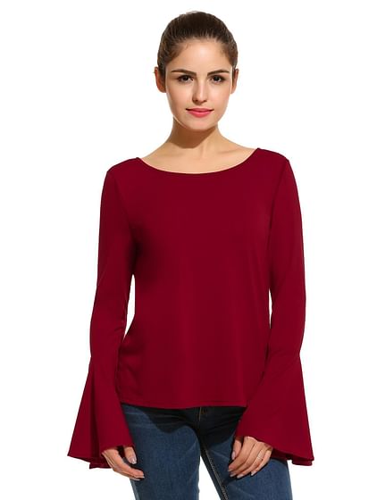 Red New Women Casual O-Neck Flare Sleeve Back Lace Up Blouse Tops