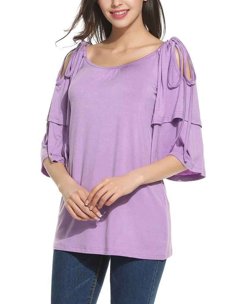 Black New Women Casual O-Neck Half Ruffle Sleeve Off Shoulder Adjustable Lace-up Elastic T-Shirt Top