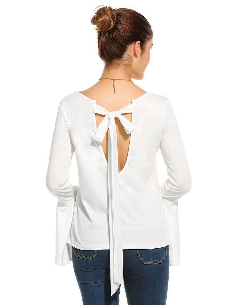 White New Women Casual O-Neck Flare Sleeve Back Lace Up Blouse Tops