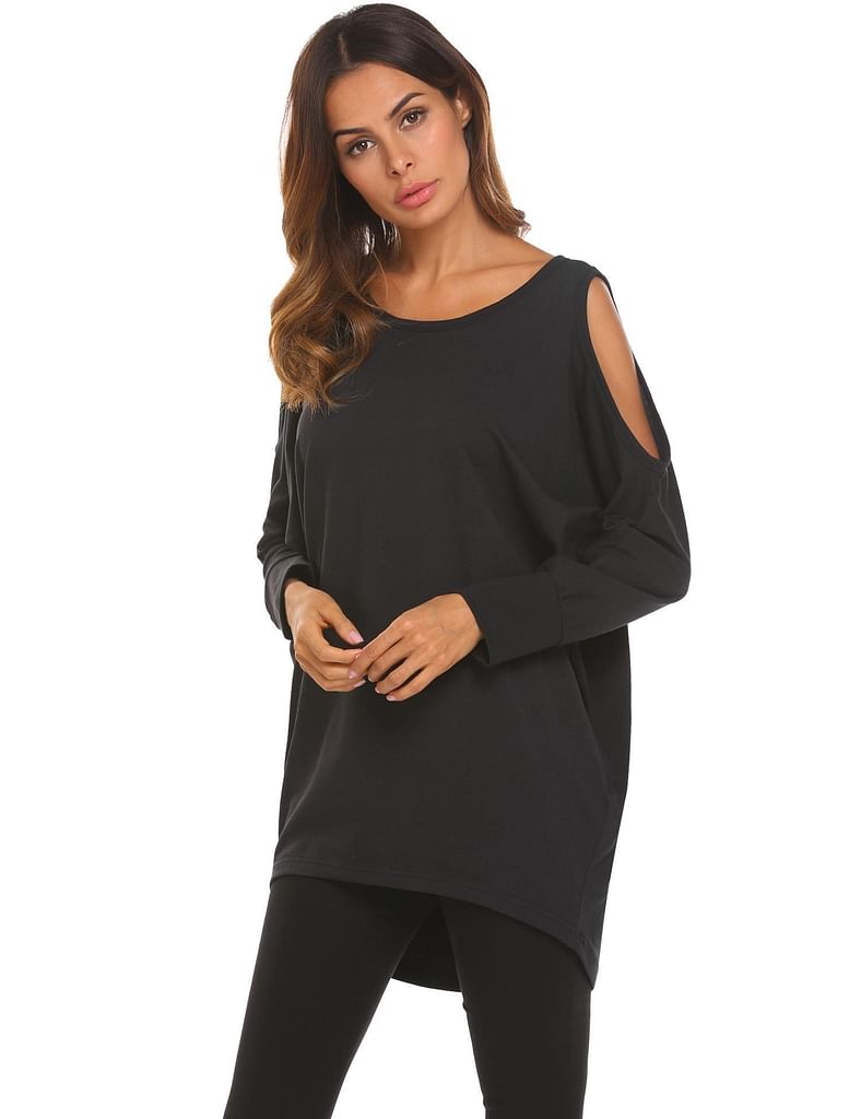 Black Women Loose O-Neck Bat Sleeve Cold Shoulder Irregular Hem T-Shirt Basic Tee