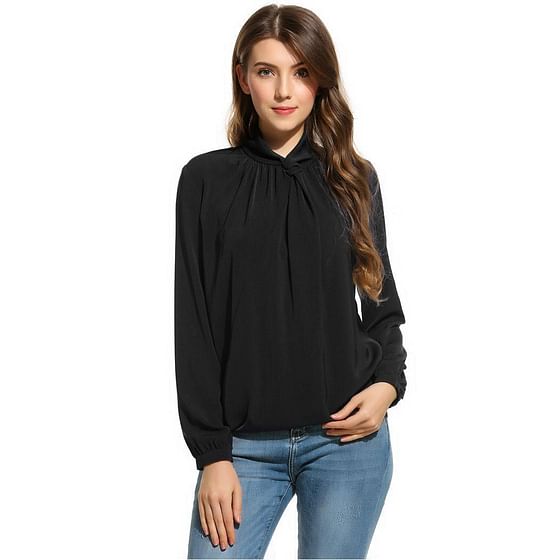 Black Women Knot Stand Collar Long Sleeve Solid Draped Loose Blouse Tops