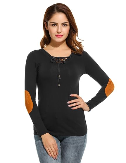 Black New Women Casual V-Neck Long Sleeve Solid Lace-up Elbow Patch T-Shirt Top