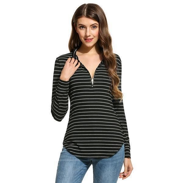 Women Stand Collar Long Sleeve Half Zip Striped Irregular Hem Blouse