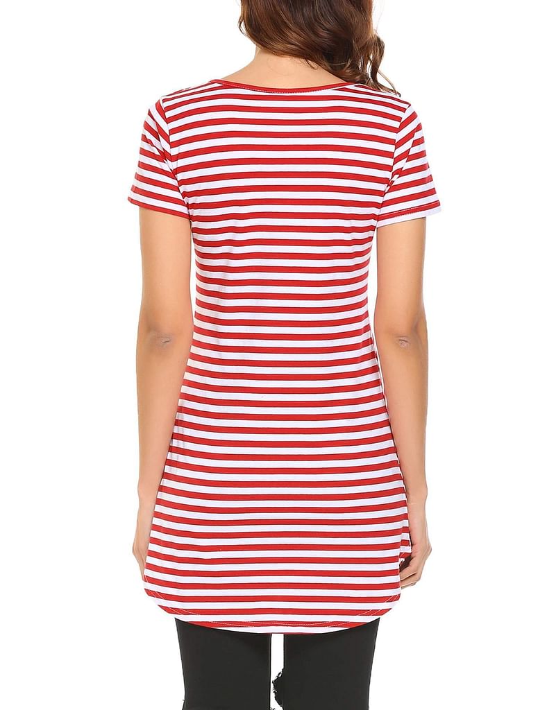 Black Women Casual Round Neck Short Sleeve Striped Tunic T-Shirt Top