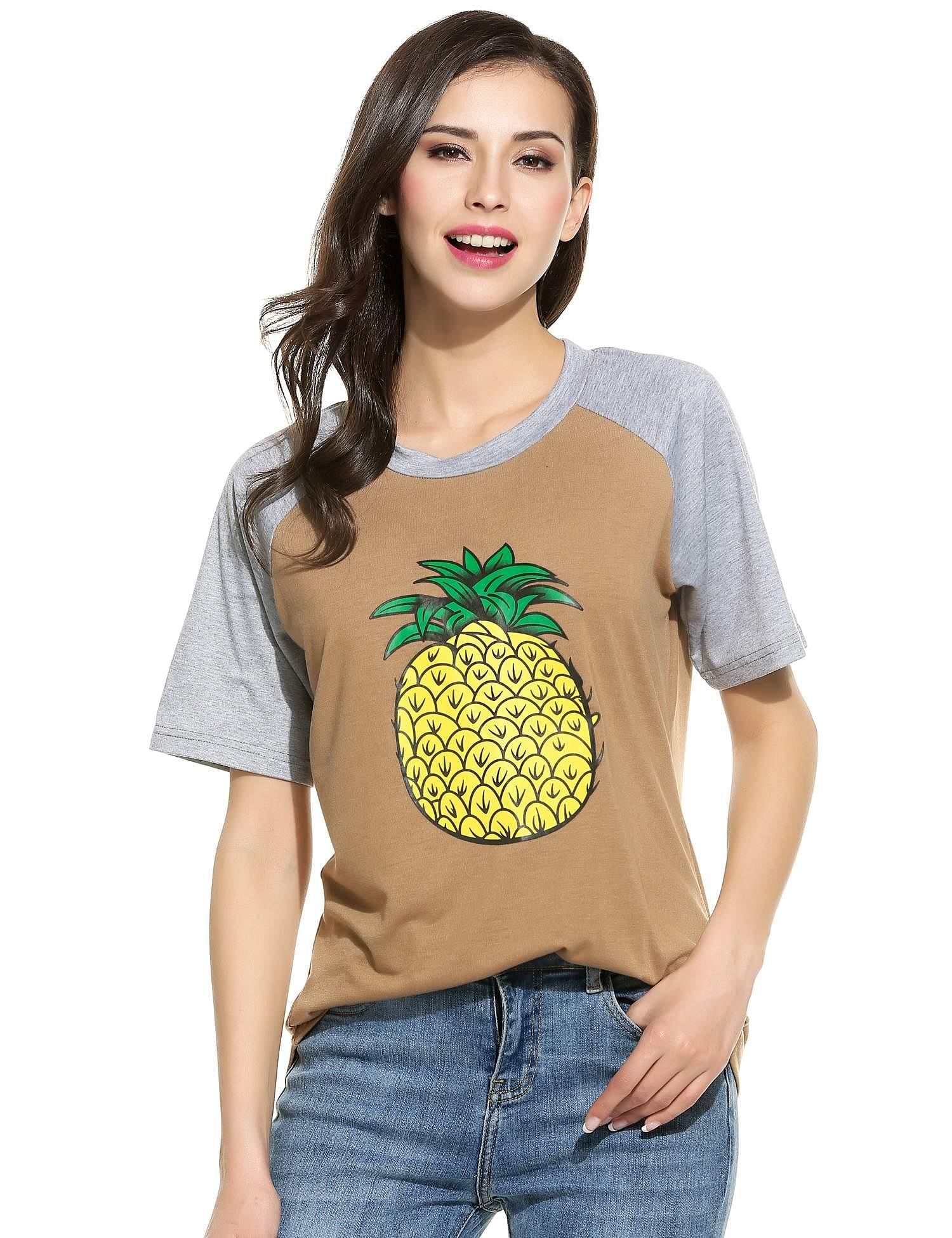 Khaki Women Casual Round Neck Raglan Short Sleeve Contrast Color Patchwork Pineapple Print T-Shirt Tees