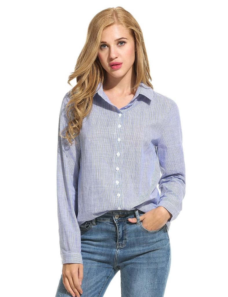 Blue Women Casual Striped Button Front Button Down Collar Shirt Blouse