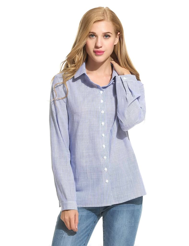 Blue Women Casual Striped Button Front Button Down Collar Shirt Blouse