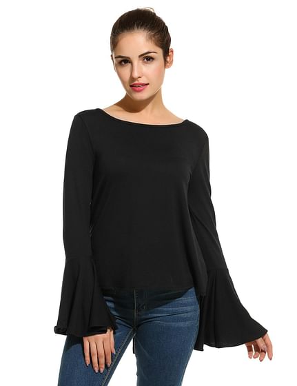 Black New Women Casual O-Neck Flare Sleeve Back Lace Up Blouse Tops