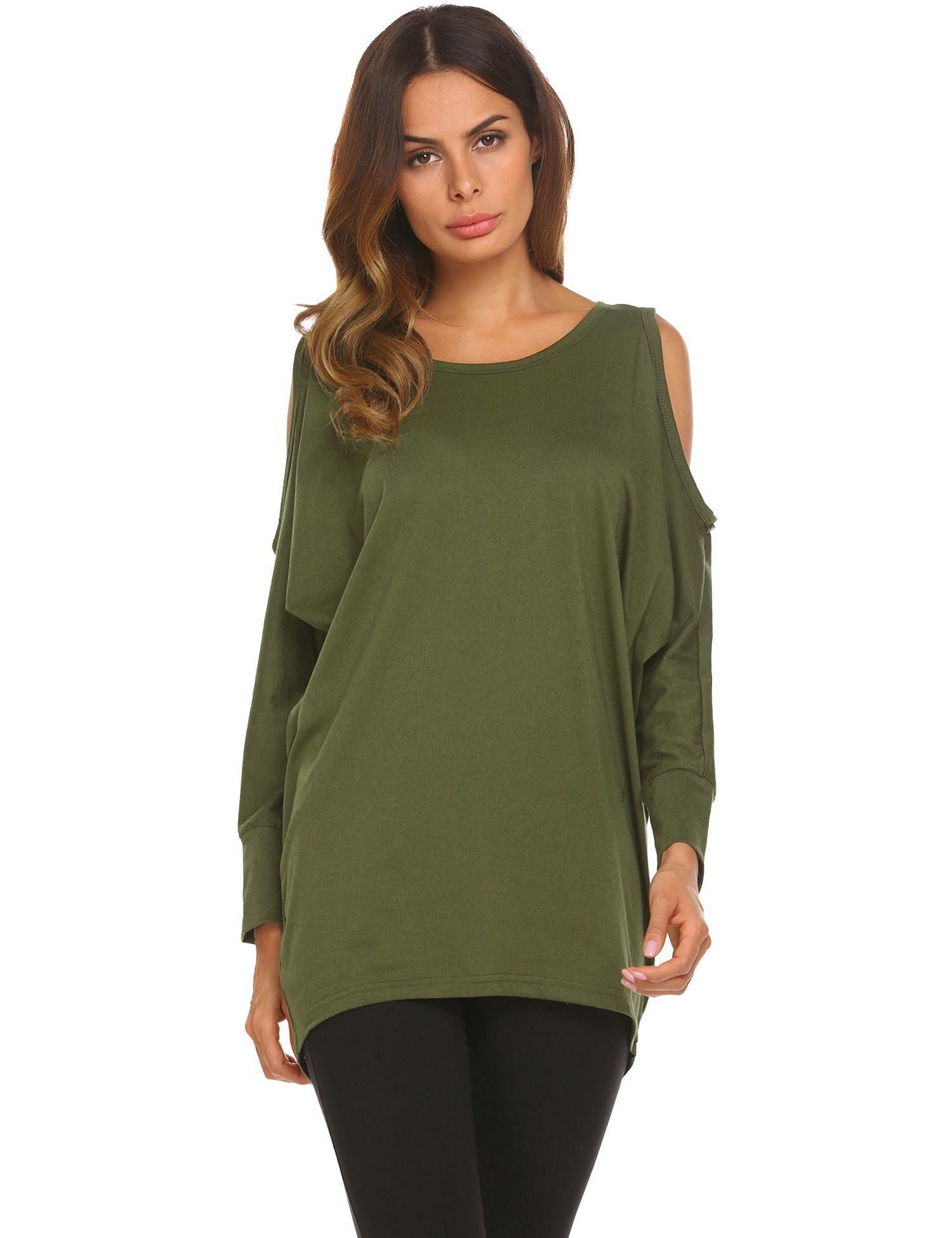 Army green Women Loose O-Neck Bat Sleeve Cold Shoulder Irregular Hem T-Shirt Basic Tee