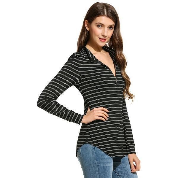 Women Stand Collar Long Sleeve Half Zip Striped Irregular Hem Blouse