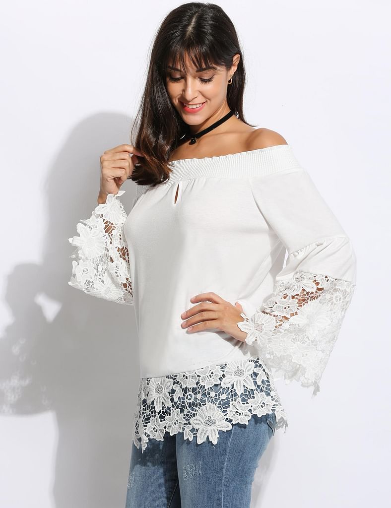 Black Sexy Women Off Shoulder Slash Neck Flare Sleeve Lace Patchwork Blouse Tops