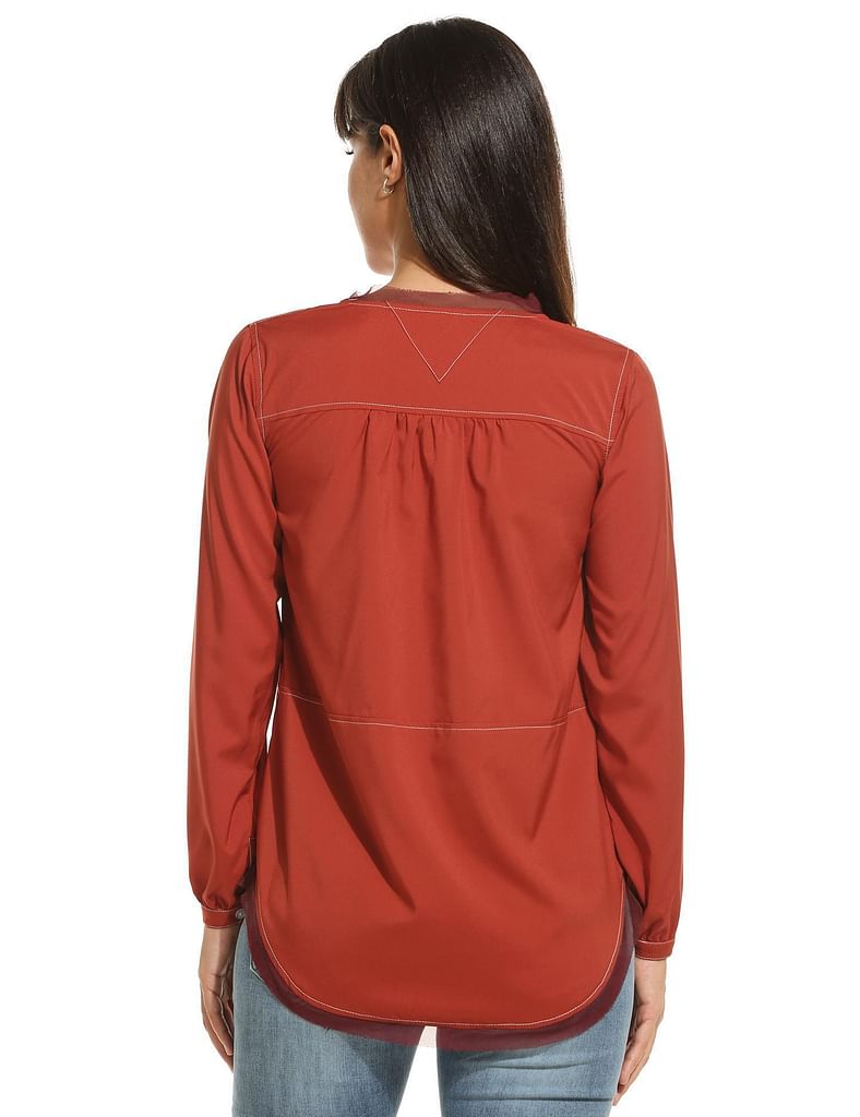 Red New Women Casual V-Neck Long Sleeve Solid Yarn Patchwork Blouse Top T-Shirt