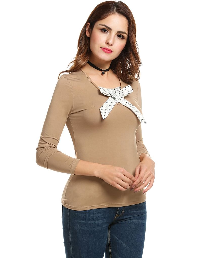 Blue Women Casual Long Sleeve V Neck Patchwork Slim Pullover T Shirt