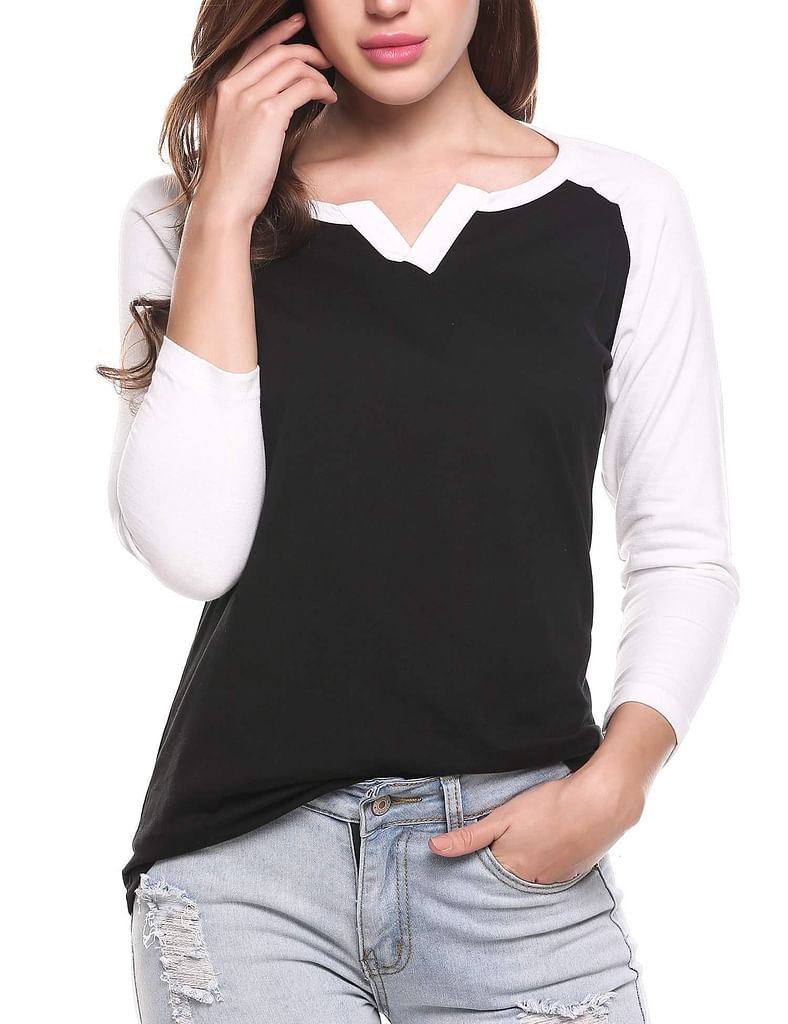 Black New Women Casual V-Neck 3/4 Sleeve Patchwork Contrast Color T-Shirt