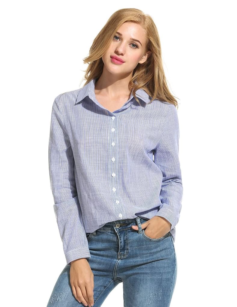 Pink Women Casual Striped Button Front Button Down Collar Shirt Blouse