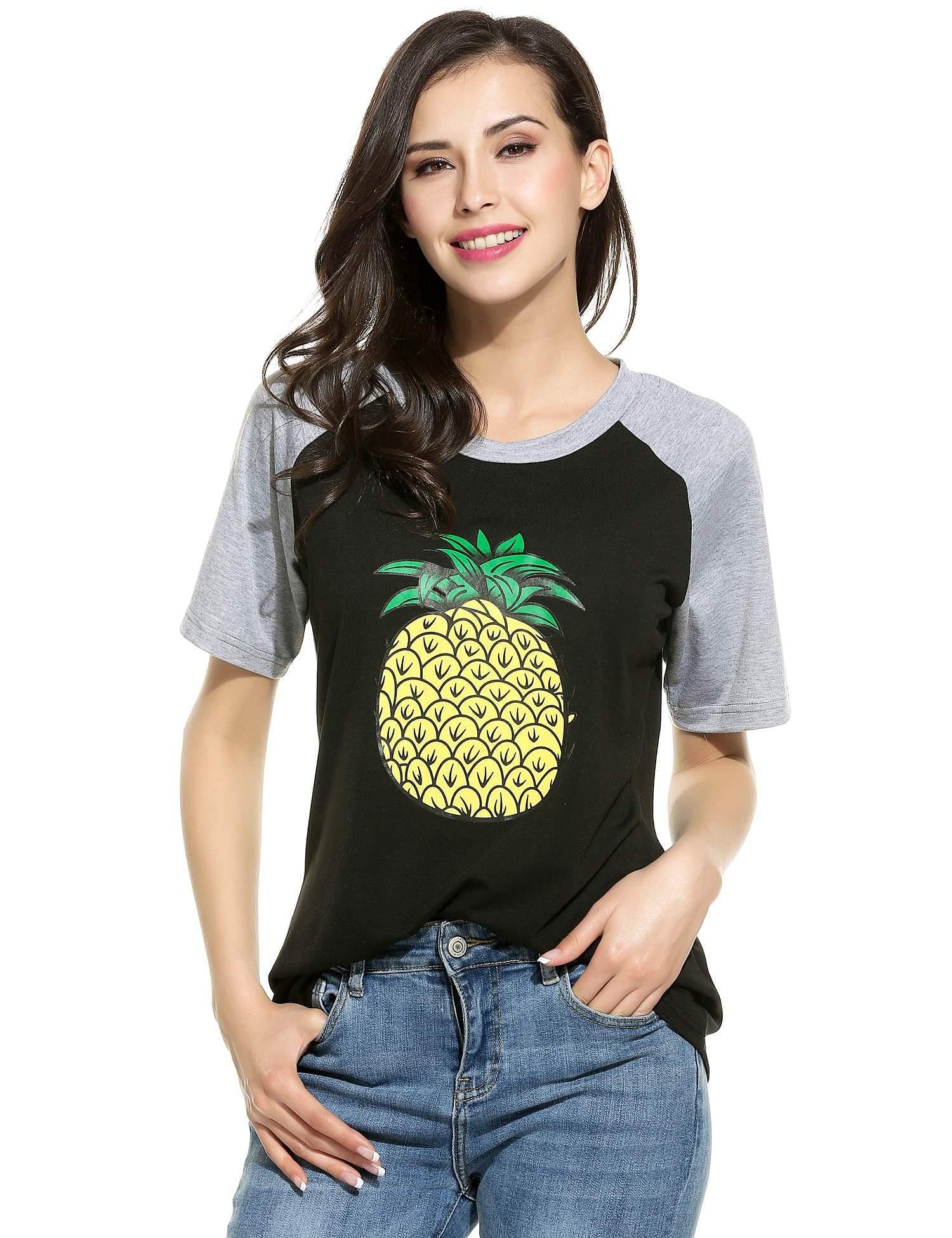 Black Women Casual Round Neck Raglan Short Sleeve Contrast Color Patchwork Pineapple Print T-Shirt Tees