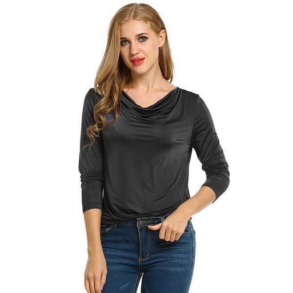 Dark Gray Women Fashion Loose Cowl Neck Long Sleeve Solid T-Shirt Top