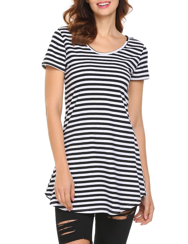 Black Women Casual Round Neck Short Sleeve Striped Tunic T-Shirt Top