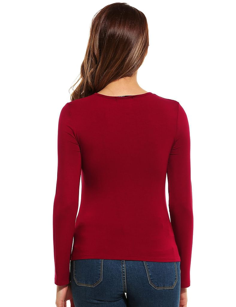 Wine Red Women Fashion Sexy Slim Keyhole Long Sleeve Solid T-Shirt