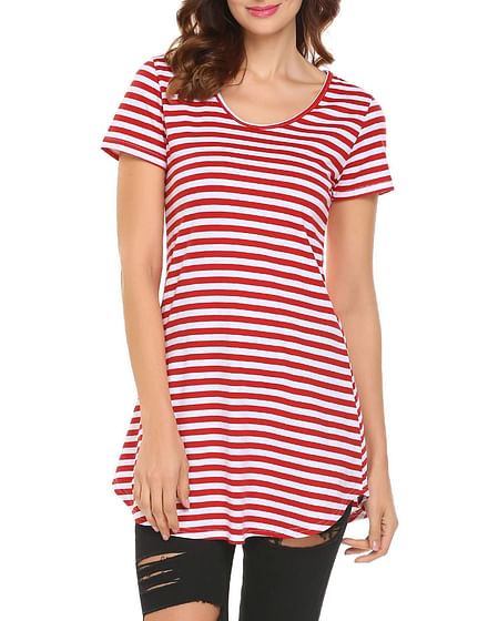 Red Women Casual Round Neck Short Sleeve Striped Tunic T-Shirt Top