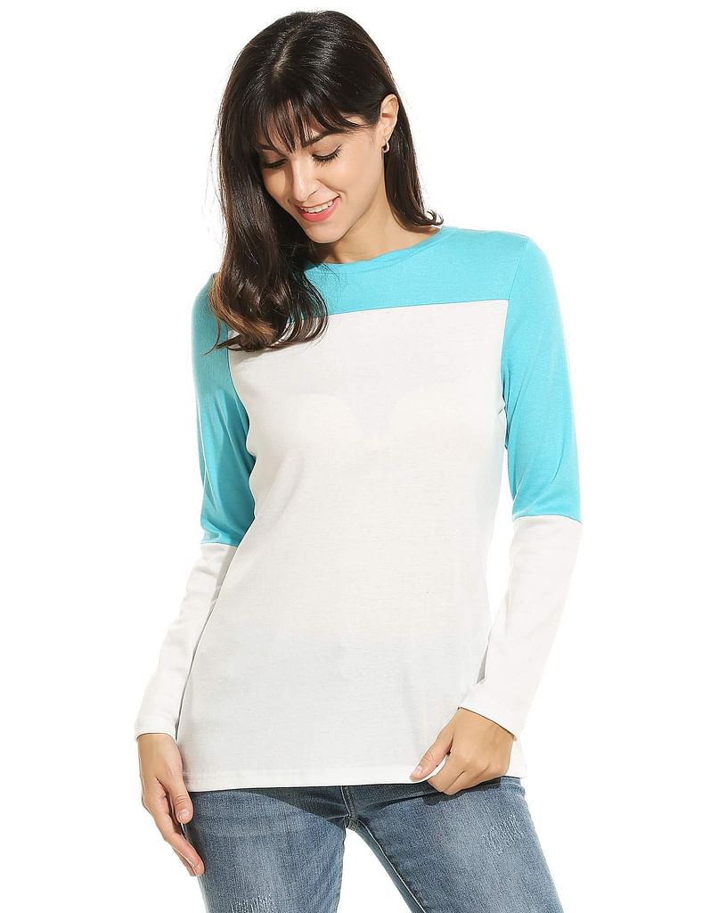 Blue New Women Casual O-Neck Long Sleeve Patchwork Elastic T-Shirt