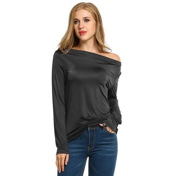 Dark Gray Women Fashion Loose Cowl Neck Long Sleeve Solid T-Shirt Top