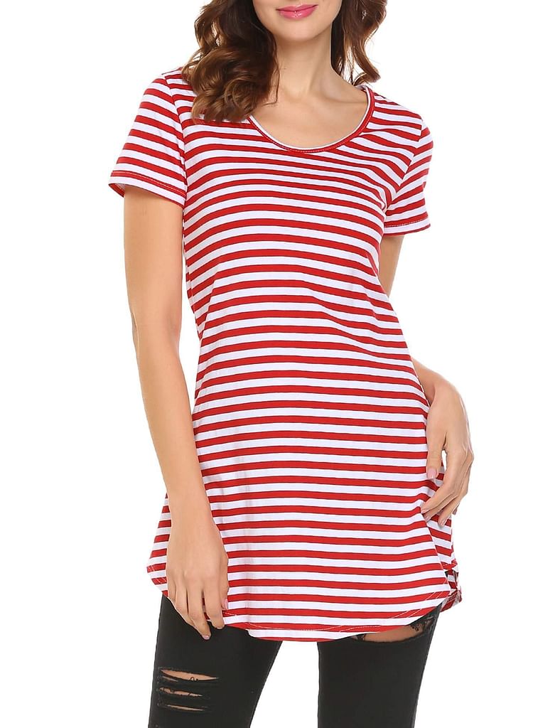 Black Women Casual Round Neck Short Sleeve Striped Tunic T-Shirt Top