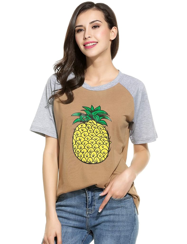 Army Green Women Casual Round Neck Raglan Short Sleeve Contrast Color Patchwork Pineapple Print T-Shirt Tees