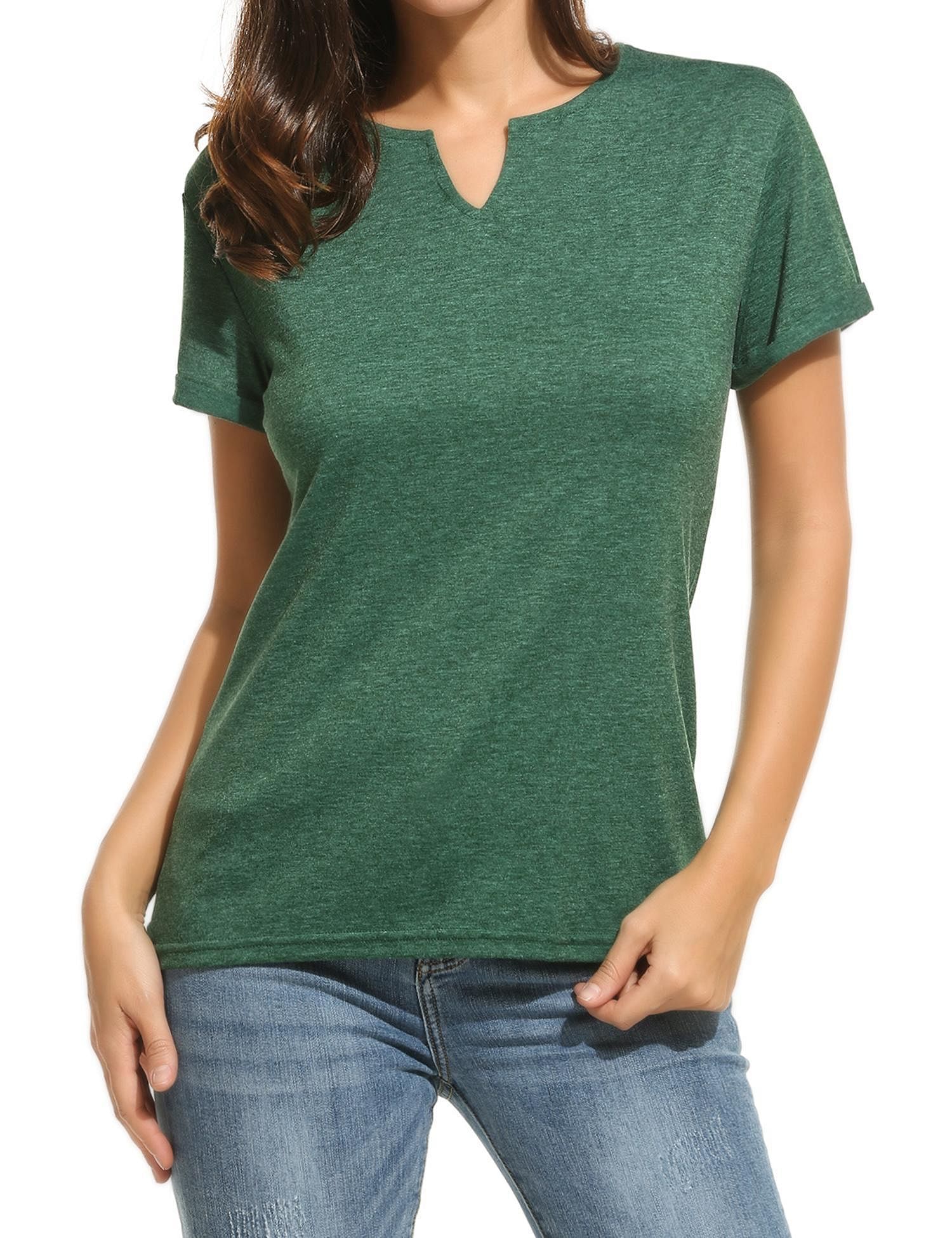 Army Green New Fashion Women Casual Loose Comft Fit V-Neck Short Sleeve Basic Solid T-Shirt