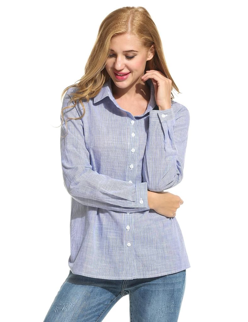 Pink Women Casual Striped Button Front Button Down Collar Shirt Blouse