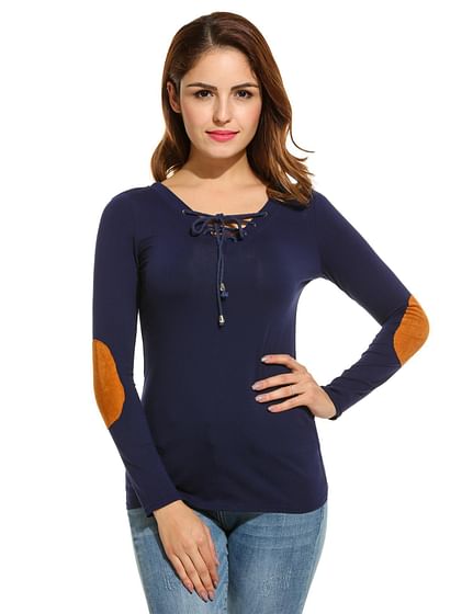 Navy Blue New Women Casual V-Neck Long Sleeve Solid Lace-up Elbow Patch T-Shirt Top